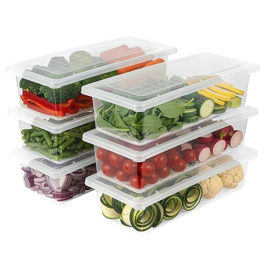 Aspiral Fridge Storage Containers (Pack of 6), Fridge Organiser Storage Boxes with Removable Drain Plate , Stackable Organizer