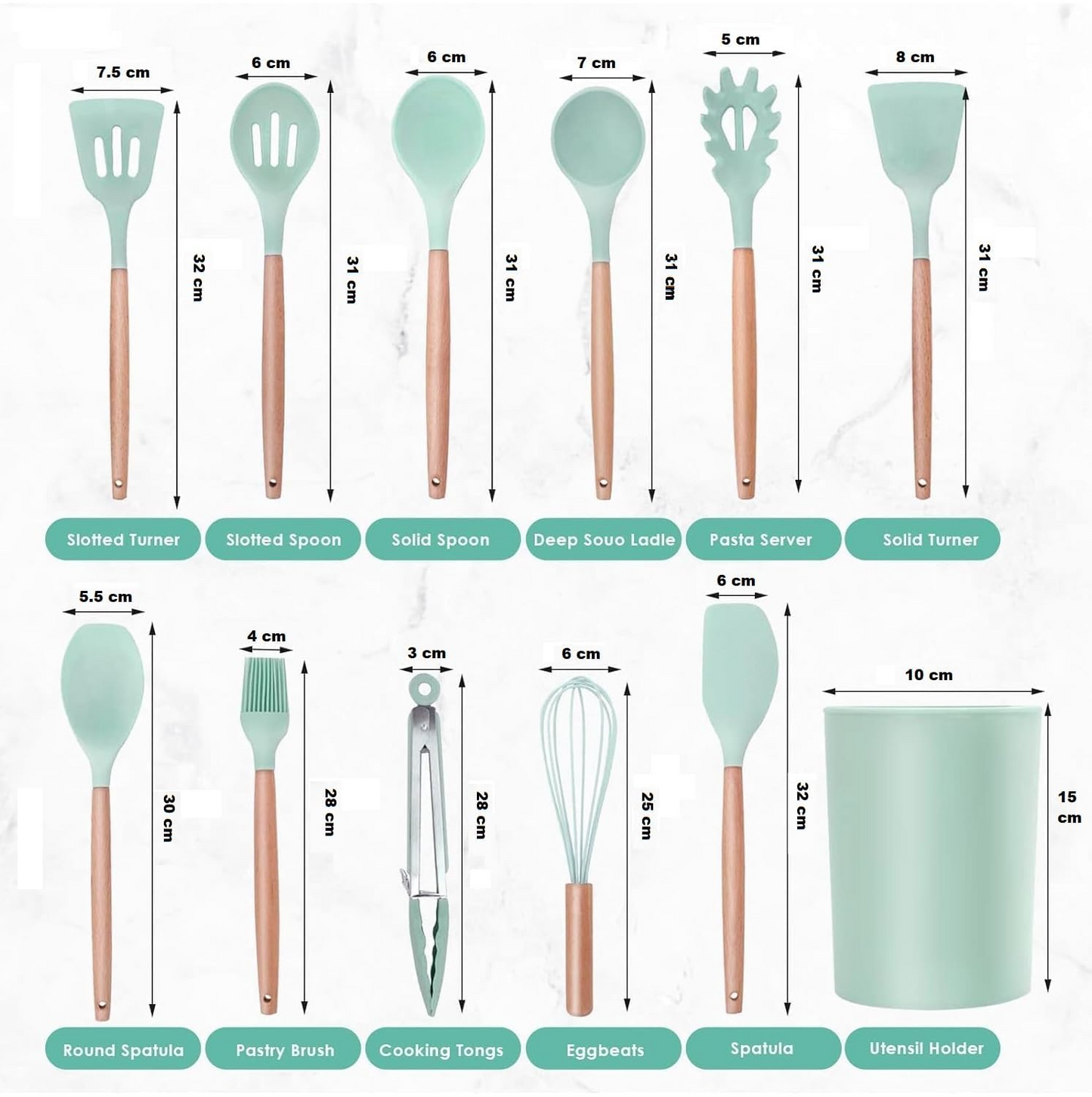 Aspiral Premium 12-Piece Silicone Kitchen Utensil Set with Wooden Handles & Storage Holder | Heat Resistant Non-Stick Cooking Tools (Green)