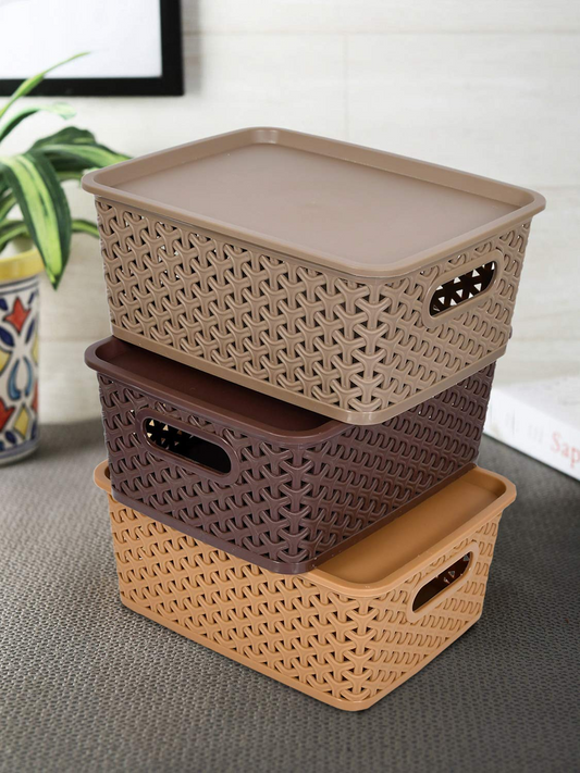 Aspiral Multipurpose Solitaire Storage Basket with Lid | Side Handles & Wovan Design (Set of 3)
