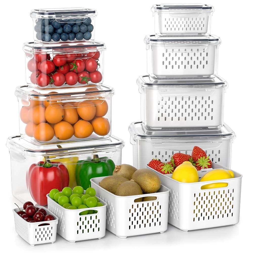 Aspiral Fridge Storage Containers with Drain Basket (4-Piece Set) | Stackable Design BPA-Free Refrigerator Organizer Boxes for Vegetables & Fruits (600ml, 1400ml, 2600ml, 4500ml)