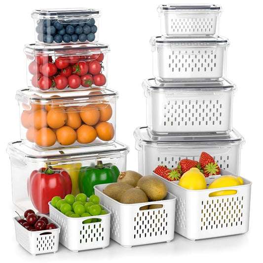 Aspiral Fridge Storage Containers with Drain Basket (4-Piece Set) | Stackable Design BPA-Free Refrigerator Organizer Boxes for Vegetables & Fruits (600ml, 1400ml, 2600ml, 4500ml)