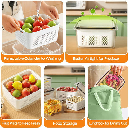 Aspiral Fridge Storage Containers with Drain Basket (4-Piece Set) | Stackable Design BPA-Free Refrigerator Organizer Boxes for Vegetables & Fruits (600ml, 1400ml, 2600ml, 4500ml)