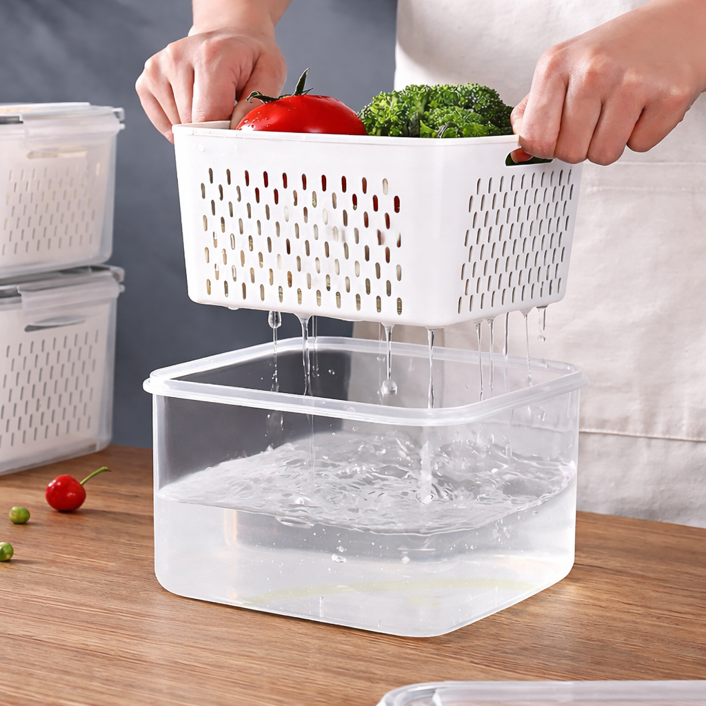 Aspiral Fridge Storage Containers with Drain Basket (4-Piece Set) | Stackable Design BPA-Free Refrigerator Organizer Boxes for Vegetables & Fruits (600ml, 1400ml, 2600ml, 4500ml)