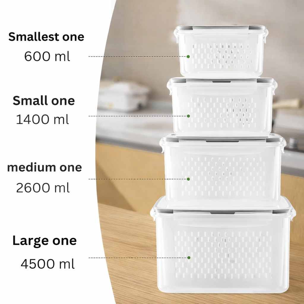 Aspiral Fridge Storage Containers with Drain Basket (4-Piece Set) | Stackable Design BPA-Free Refrigerator Organizer Boxes for Vegetables & Fruits (600ml, 1400ml, 2600ml, 4500ml)