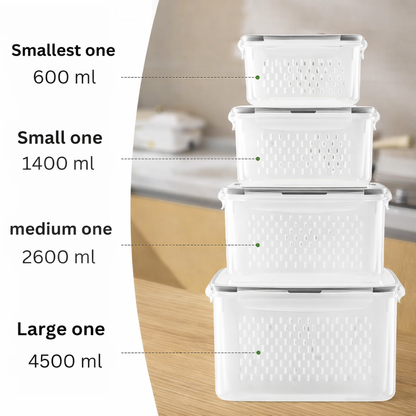 Aspiral Fridge Storage Containers with Drain Basket (4-Piece Set) | Stackable Design BPA-Free Refrigerator Organizer Boxes for Vegetables & Fruits (600ml, 1400ml, 2600ml, 4500ml)