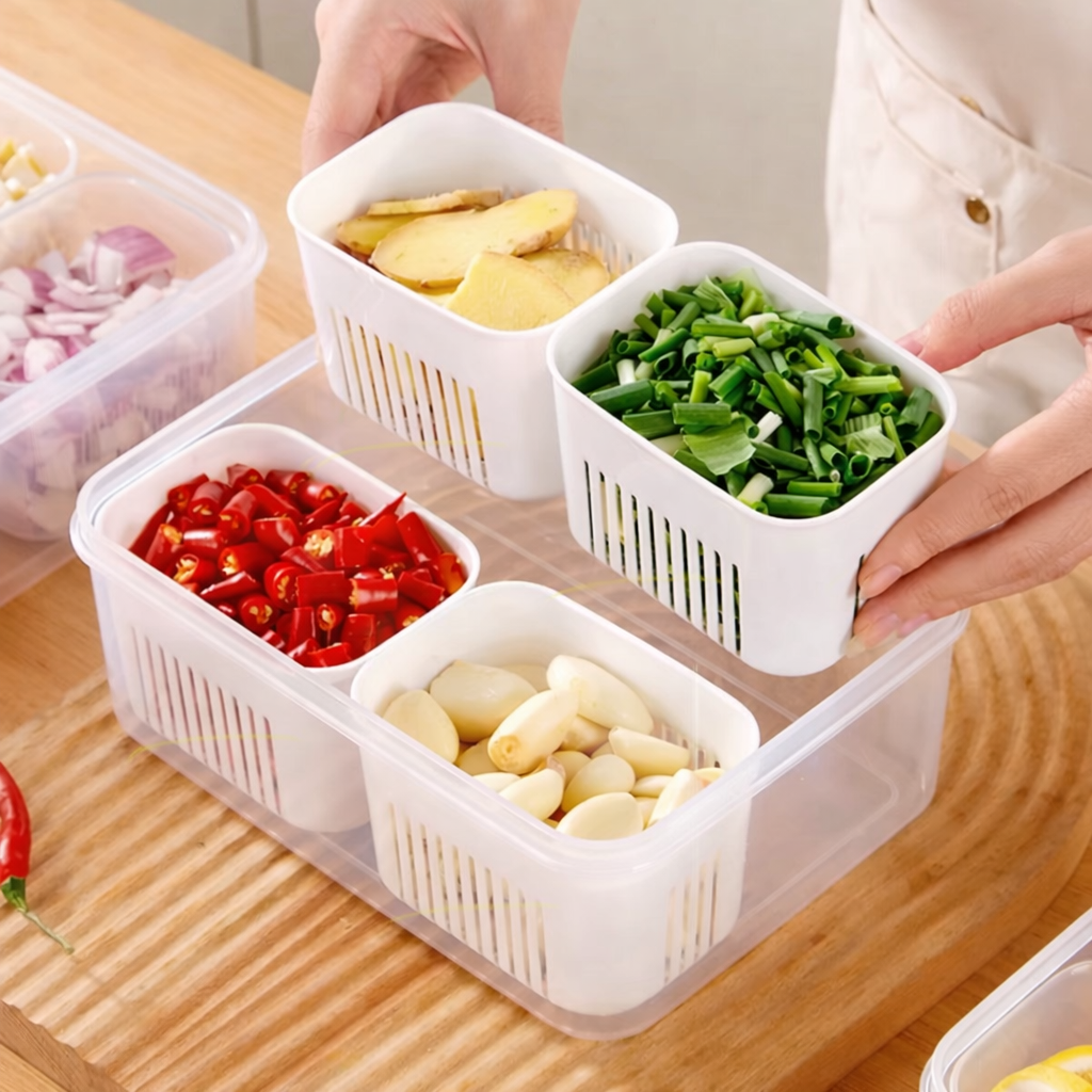 Aspiral Refrigerator Organizer Container with 4 and 6 Grid Compartments | 2000ML Fridge Storage Box for Vegetables & Fruits