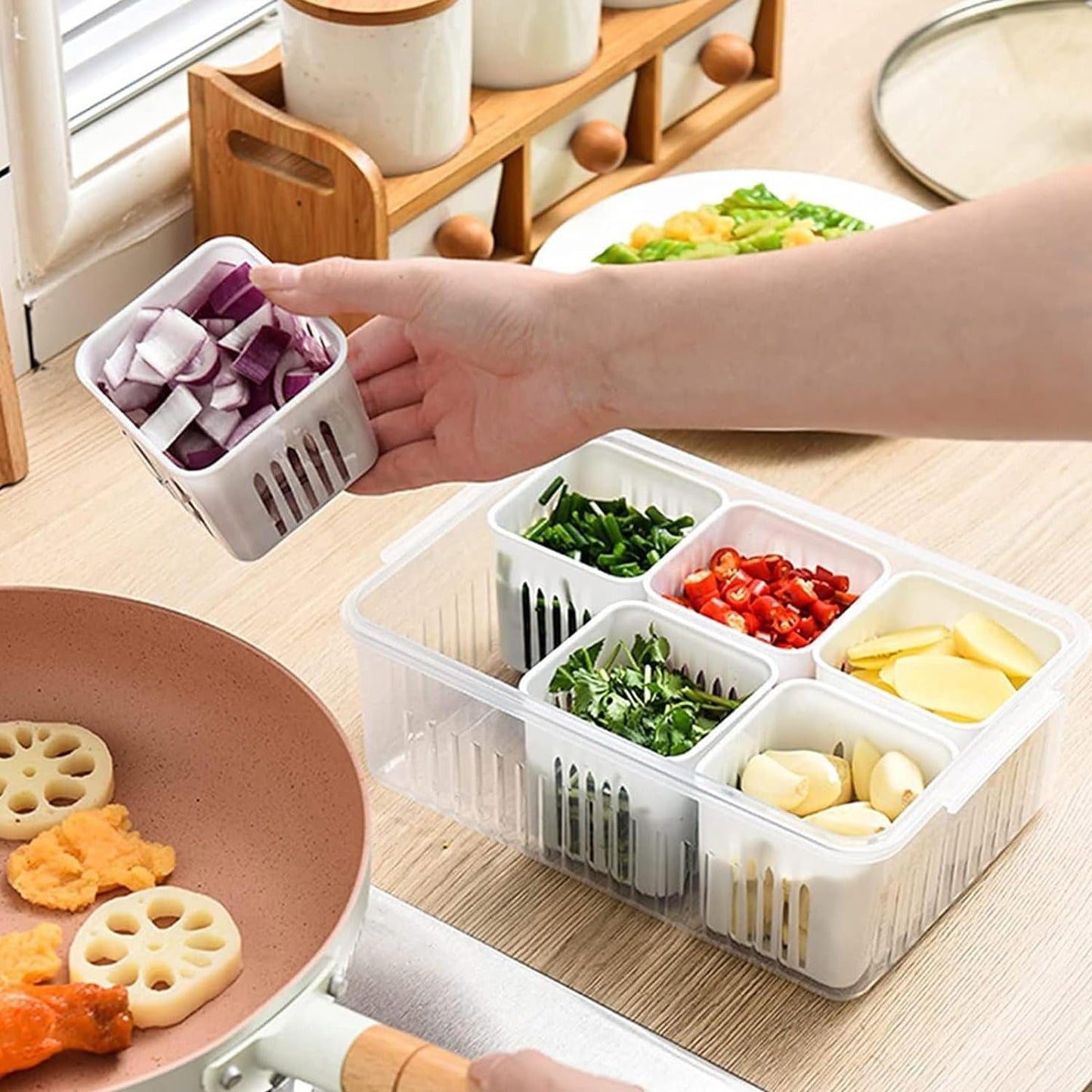 Aspiral Refrigerator Organizer Container with 4 and 6 Grid Compartments | 2000ML Fridge Storage Box for Vegetables & Fruits