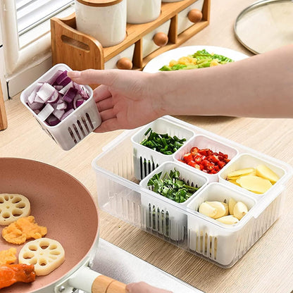 Aspiral Refrigerator Organizer Container with 4 and 6 Grid Compartments | 2000ML Fridge Storage Box for Vegetables & Fruits