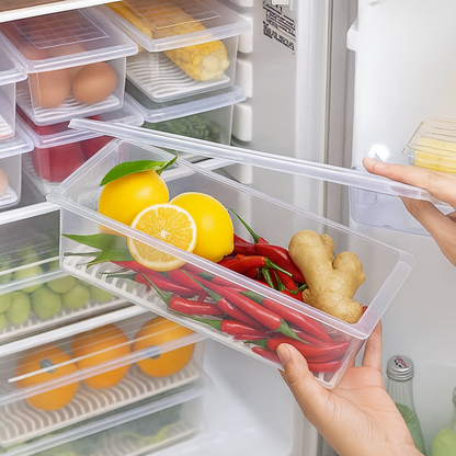 Aspiral Fridge Storage Containers (Pack of 6), Fridge Organiser Storage Boxes with Removable Drain Plate , Stackable Organizer