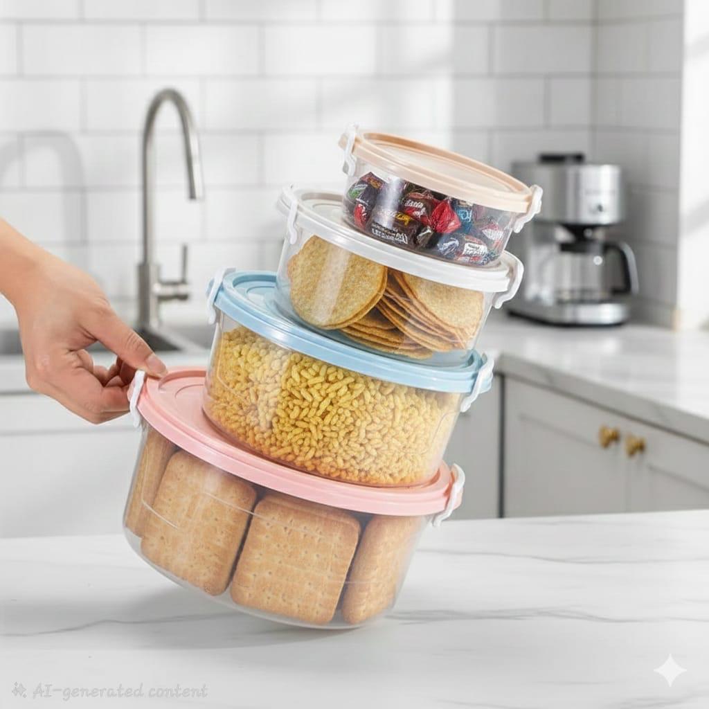 Aspiral Airtight Round Food Storage Containers Set | Stackable Kitchen Storage Boxes for Fruits, Vegetables & Snacks Pack of 4 (700ML, 1300ML, 2100ML, 3300ML)