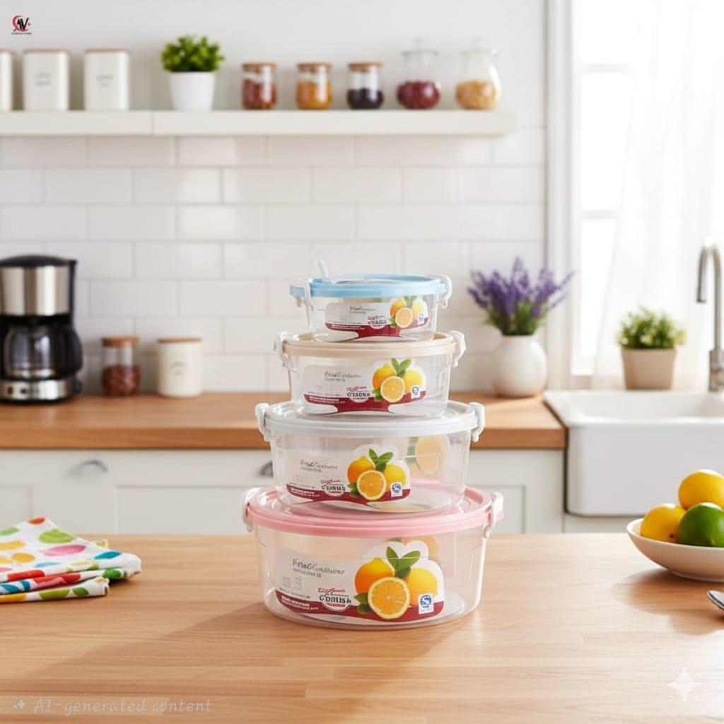 Aspiral Airtight Round Food Storage Containers Set | Stackable Kitchen Storage Boxes for Fruits, Vegetables & Snacks Pack of 4 (700ML, 1300ML, 2100ML, 3300ML)