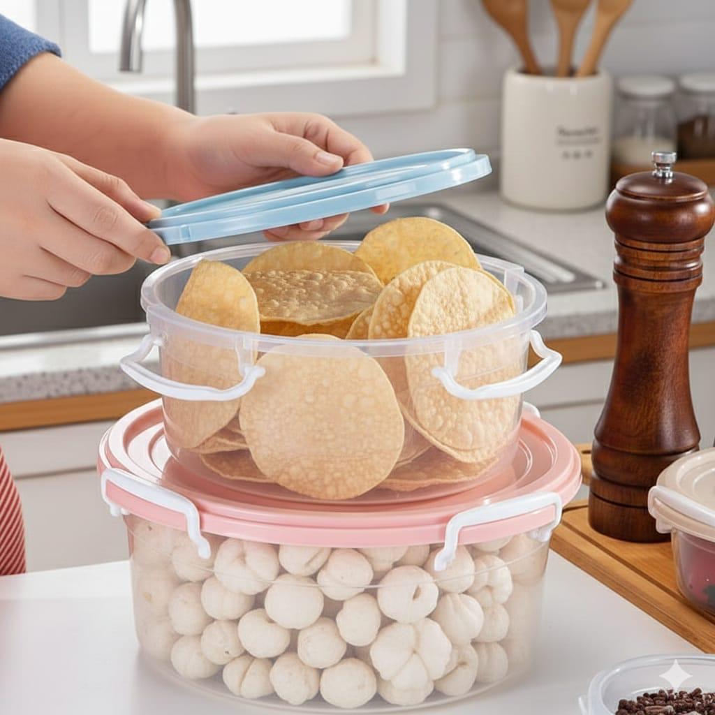 Aspiral Airtight Round Food Storage Containers Set | Stackable Kitchen Storage Boxes for Fruits, Vegetables & Snacks Pack of 4 (700ML, 1300ML, 2100ML, 3300ML)