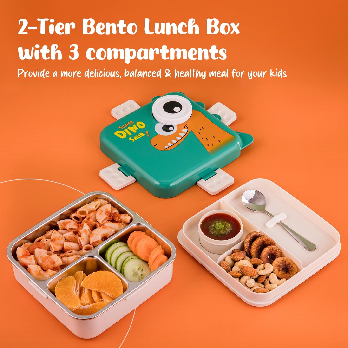 Aspiral Super Dino Kids School Lunch Box with Stainless Steel Compartments | Airtight Leak-Proof Lunch Box