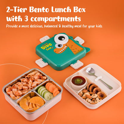 Aspiral Super Dino Kids School Lunch Box with Stainless Steel Compartments | Airtight Leak-Proof Lunch Box