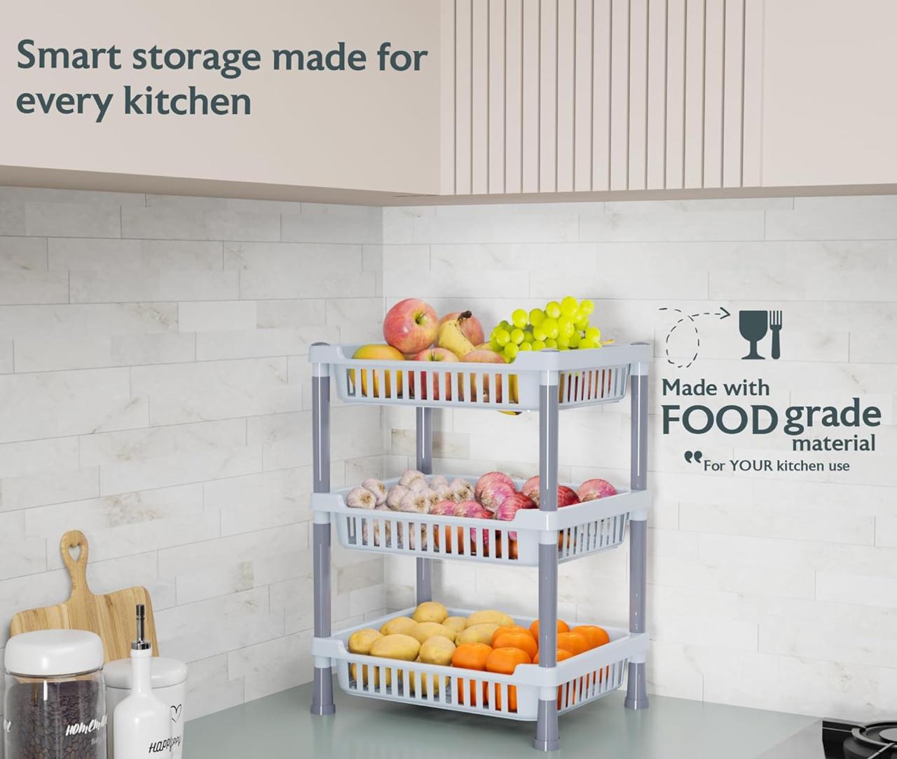 Aspiral Multi-Purpose 3-Tier Kitchen Trolley & Organizer - Space Saving Storage Rack for Fruits, Vegetables & Kitchen Essentials