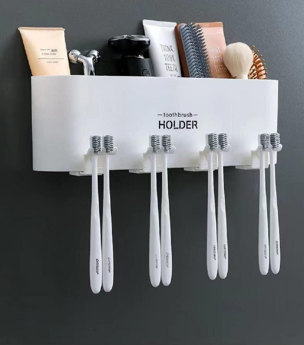 Aspiral Wall Mounted Toothbrush Holder with Cups & Storage Shelf - No-Drill Adhesive Bathroom Organizer (Airtight & Hygienic)