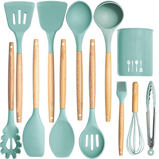 Aspiral Premium 12-Piece Silicone Kitchen Utensil Set with Wooden Handles & Storage Holder | Heat Resistant Non-Stick Cooking Tools (Green)