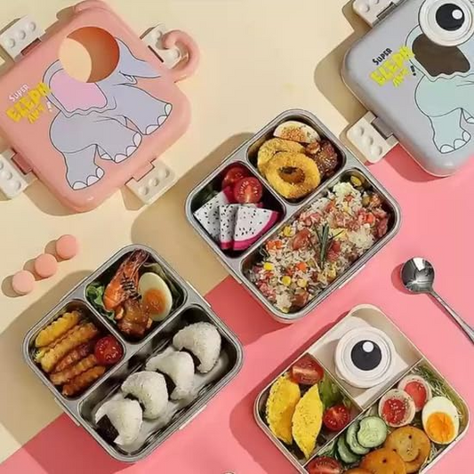 Aspiral Super Elephant Kids School Lunch Box with Stainless Steel Compartments | Airtight Leak-Proof Bento Box