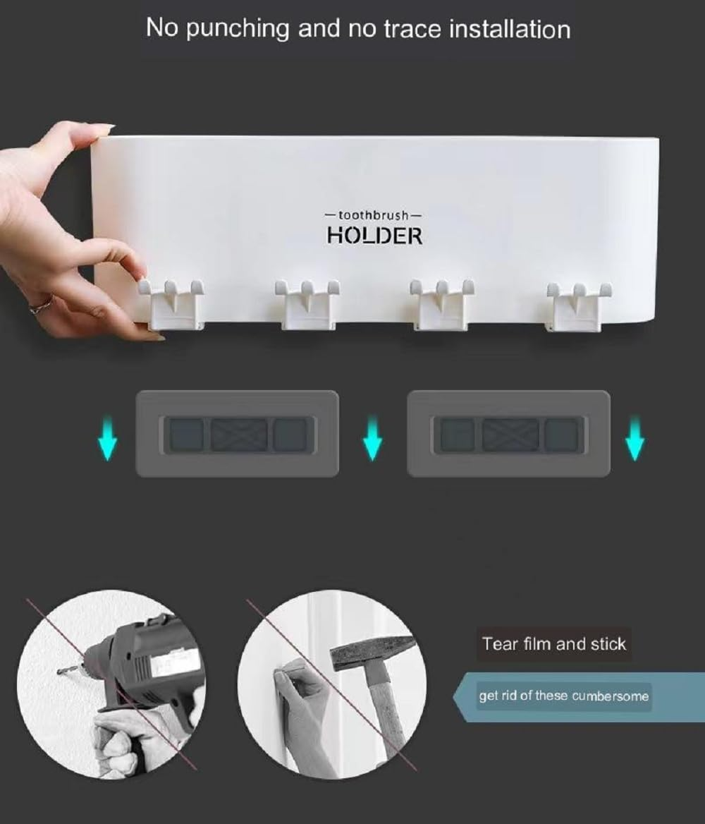 Aspiral Wall Mounted Toothbrush Holder with Cups & Storage Shelf - No-Drill Adhesive Bathroom Organizer (Airtight & Hygienic)