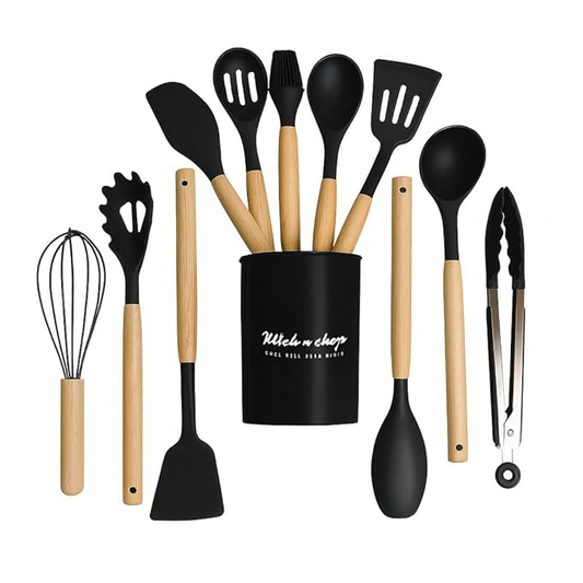 Aspiral Premium 12-Piece Silicone Kitchen Utensil Set with Wooden Handles & Rotating Stand | Heat Resistant & Non-Stick Safe