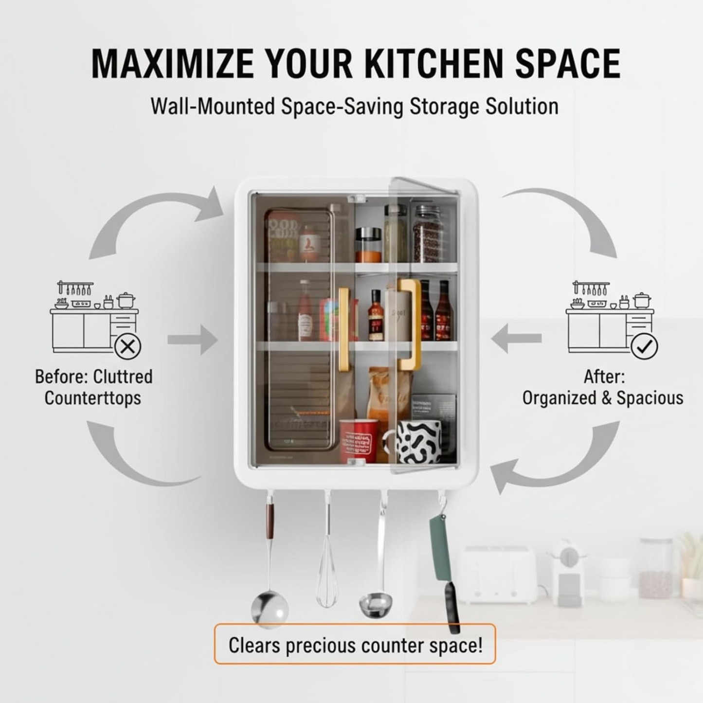 Aspiral Wall-Mounted Multi-Purpose Storage Cabinet with Transparent Doors & Hanging Hooks