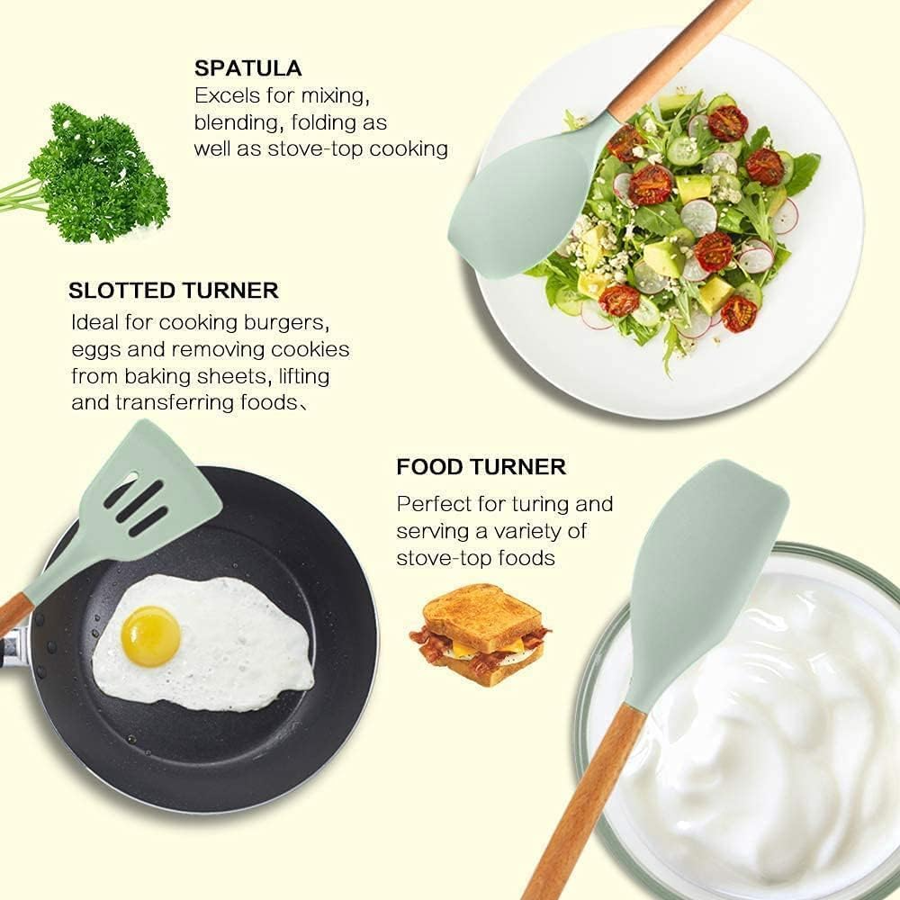 Aspiral Premium 12-Piece Silicone Kitchen Utensil Set with Wooden Handles & Storage Holder | Heat Resistant Non-Stick Cooking Tools (Green)