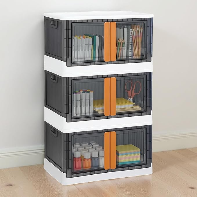 Aspiral Foldable Stackable Plastic Storage Box with Front-Opening Doors & Locking Buckle