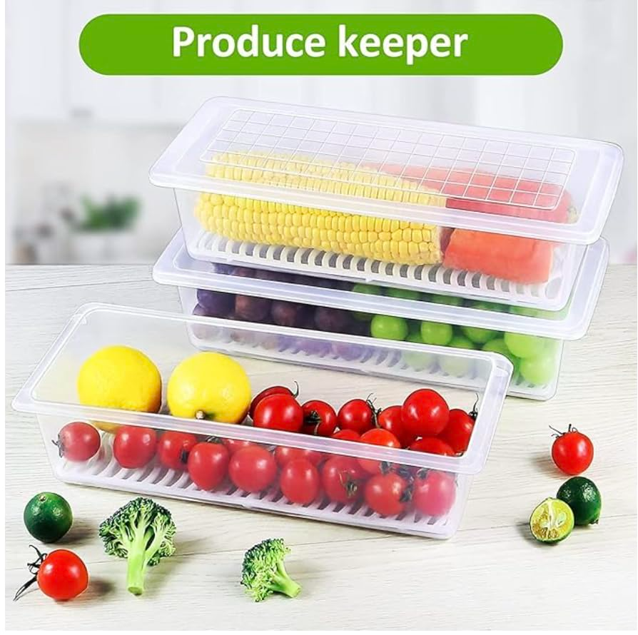Aspiral Fridge Storage Containers (Pack of 6), Fridge Organiser Storage Boxes with Removable Drain Plate , Stackable Organizer