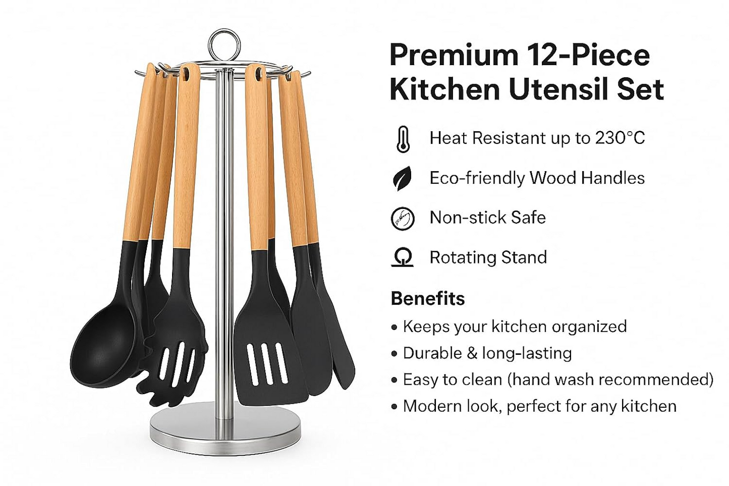 Aspiral Premium 12-Piece Silicone Kitchen Utensil Set with Wooden Handles & Rotating Stand | Heat Resistant & Non-Stick Safe