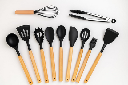 Aspiral Premium 12-Piece Silicone Kitchen Utensil Set with Wooden Handles & Rotating Stand | Heat Resistant & Non-Stick Safe