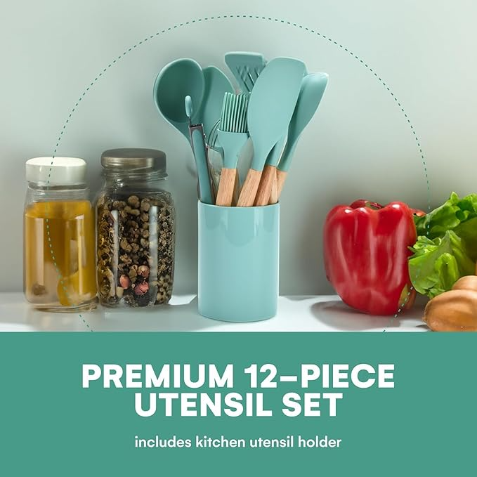 Aspiral Premium 12-Piece Silicone Kitchen Utensil Set with Wooden Handles & Storage Holder | Heat Resistant Non-Stick Cooking Tools (Green)
