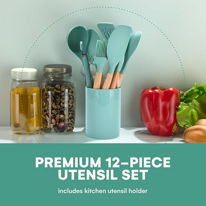 Aspiral Premium 12-Piece Silicone Kitchen Utensil Set with Wooden Handles & Storage Holder | Heat Resistant Non-Stick Cooking Tools (Green)