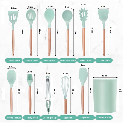 Aspiral Premium 12-Piece Silicone Kitchen Utensil Set with Wooden Handles & Storage Holder | Heat Resistant Non-Stick Cooking Tools (Green)