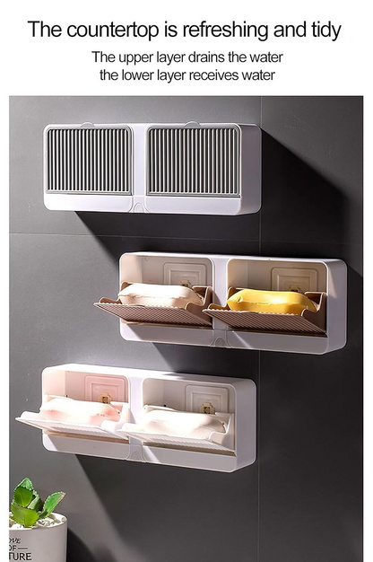 Aspiral Wall Mounted Soap Box With Lid Double Grids Soap Draining Rack