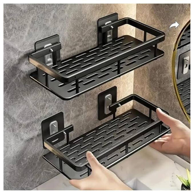 Aspiral Premium Space Aluminum Bathroom Wall Shelf Set of 2 | Heavy-Duty No-Drill Adhesive Rack