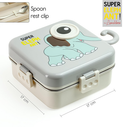 Aspiral Super Elephant Kids School Lunch Box with Stainless Steel Compartments | Airtight Leak-Proof Bento Box