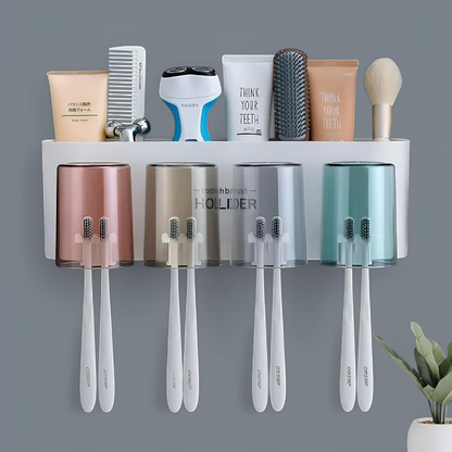 Aspiral Wall Mounted Toothbrush Holder with Cups & Storage Shelf - No-Drill Adhesive Bathroom Organizer (Airtight & Hygienic)