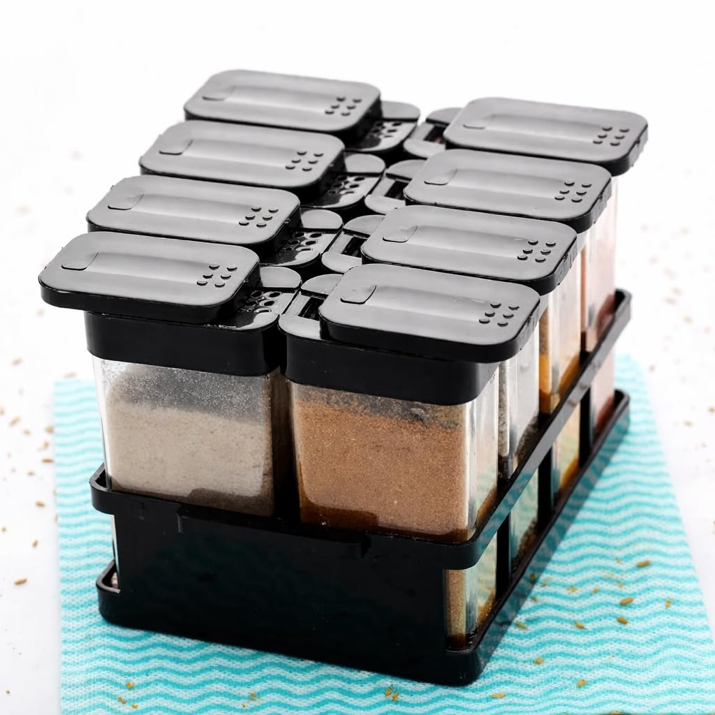 Aspiral Modular Spice Jar Set of 8 with Dual Sprinkler Lids & Storage Rack - Airtight Masala Organizer for Modern Kitchens
