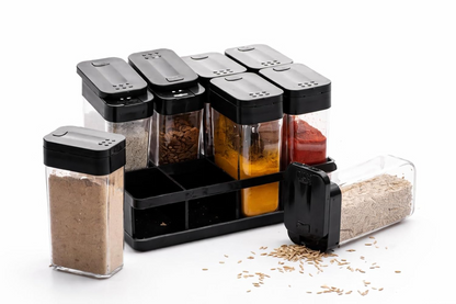 Aspiral Modular Spice Jar Set of 8 with Dual Sprinkler Lids & Storage Rack - Airtight Masala Organizer for Modern Kitchens