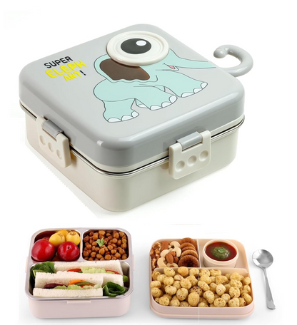 Aspiral Super Elephant Kids School Lunch Box with Stainless Steel Compartments | Airtight Leak-Proof Bento Box