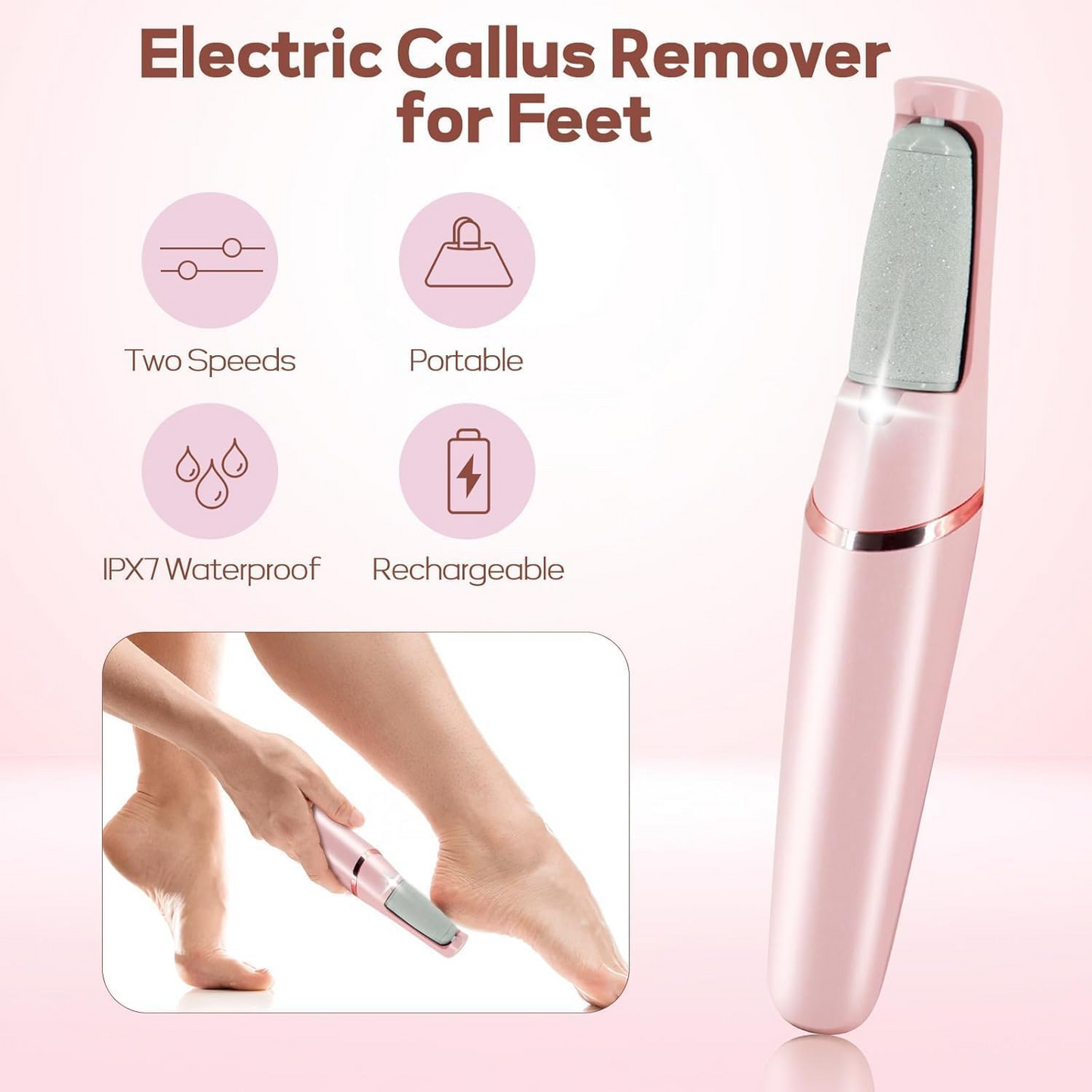 Aspiral Rechargeable Electric Callus Remover for Feet | Waterproof 2-Speed Pedicure Foot Grinder with LED Light