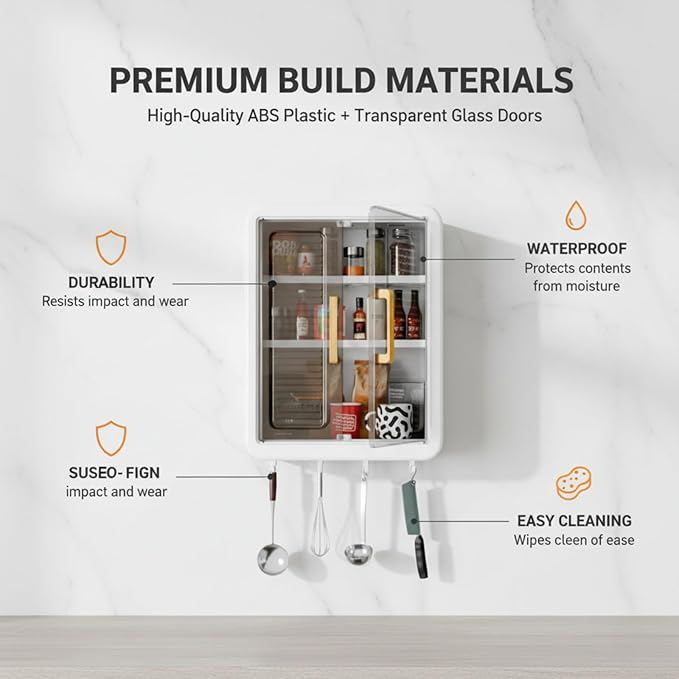 Aspiral Wall-Mounted Multi-Purpose Storage Cabinet with Transparent Doors & Hanging Hooks