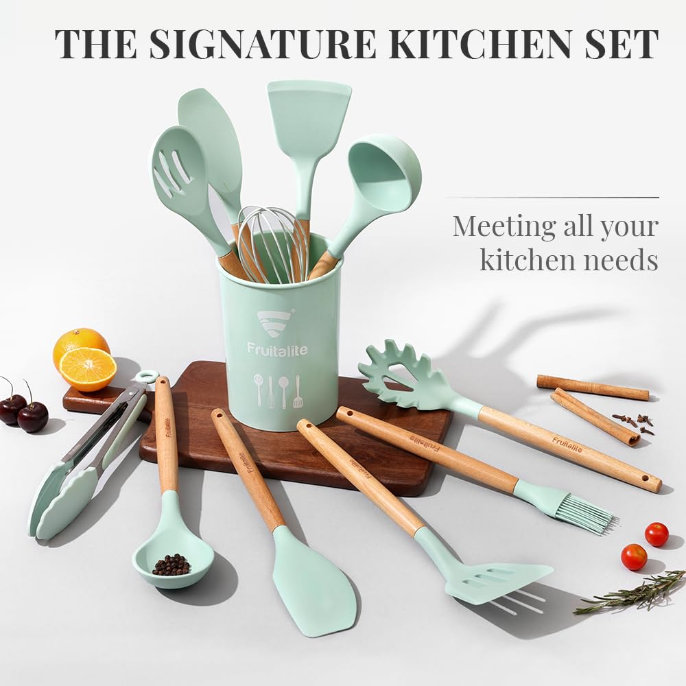 Aspiral Premium 12-Piece Silicone Kitchen Utensil Set with Wooden Handles & Storage Holder | Heat Resistant Non-Stick Cooking Tools (Green)