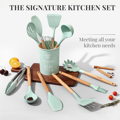 Aspiral Premium 12-Piece Silicone Kitchen Utensil Set with Wooden Handles & Storage Holder | Heat Resistant Non-Stick Cooking Tools (Green)