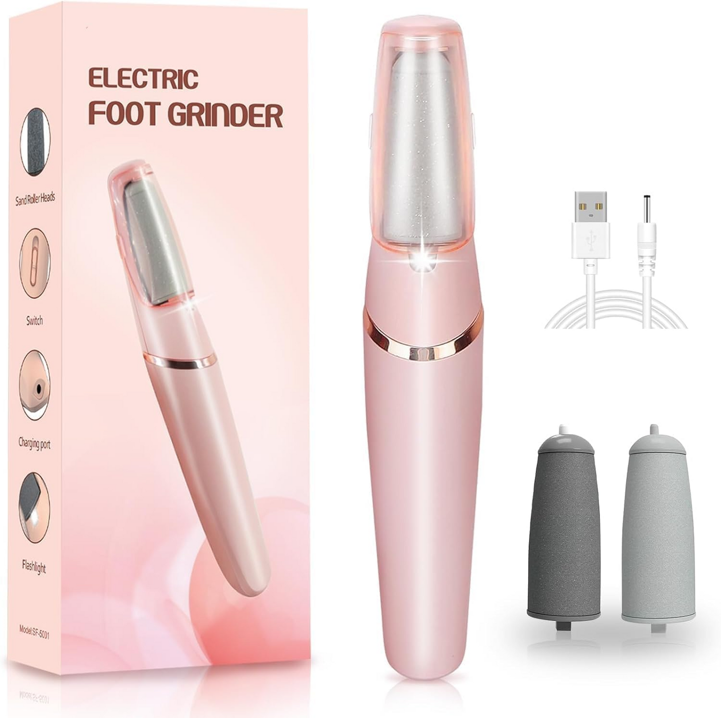 Aspiral Rechargeable Electric Callus Remover for Feet | Waterproof 2-Speed Pedicure Foot Grinder with LED Light