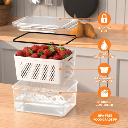 Aspiral Fridge Storage Containers with Drain Basket (4-Piece Set) | Stackable Design BPA-Free Refrigerator Organizer Boxes for Vegetables & Fruits (600ml, 1400ml, 2600ml, 4500ml)