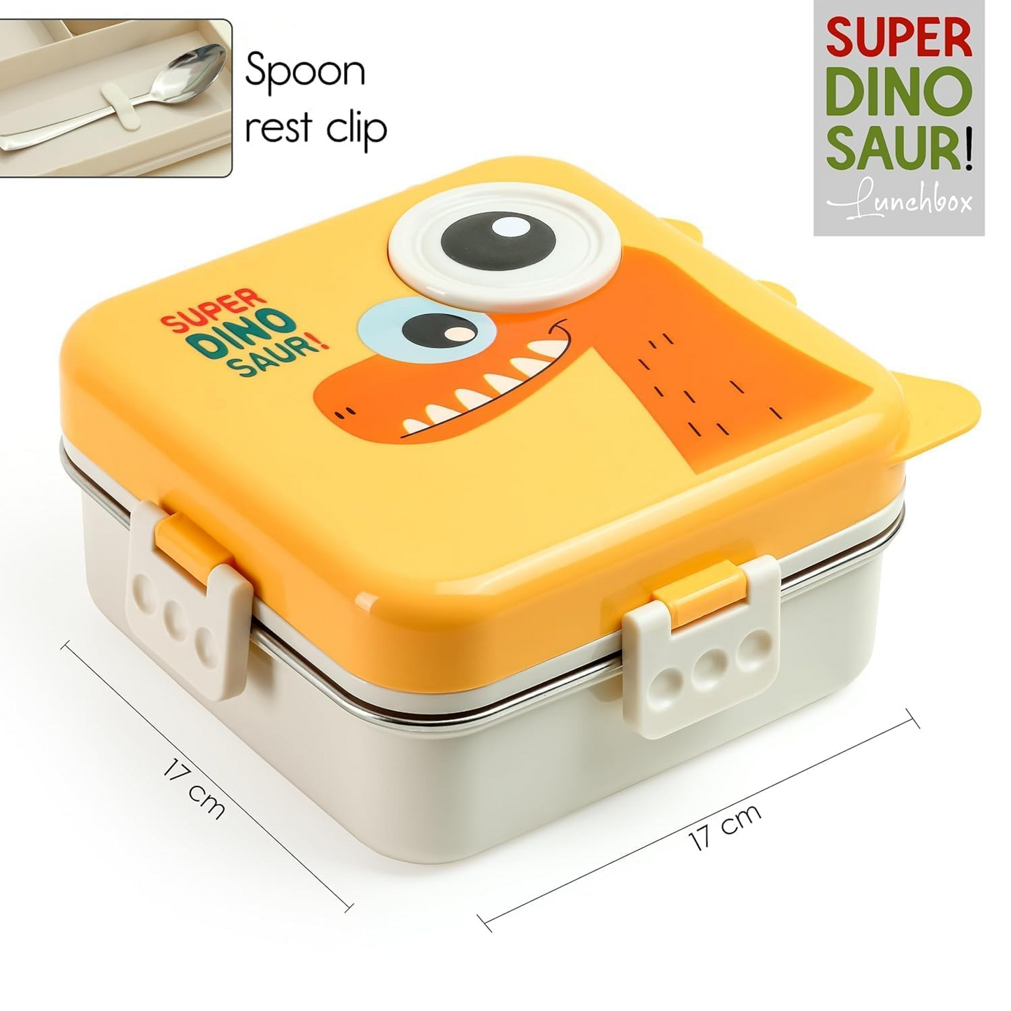 Aspiral Super Dino Kids School Lunch Box with Stainless Steel Compartments | Airtight Leak-Proof Lunch Box