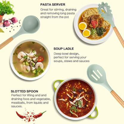 Aspiral Premium 12-Piece Silicone Kitchen Utensil Set with Wooden Handles & Storage Holder | Heat Resistant Non-Stick Cooking Tools (Green)