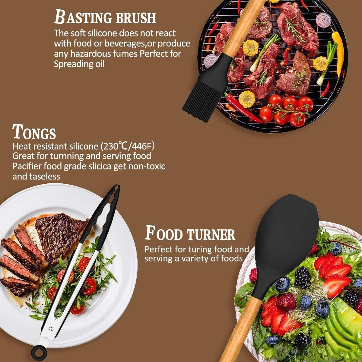 Aspiral Premium 12-Piece Silicone Kitchen Utensil Set with Wooden Handles & Rotating Stand | Heat Resistant & Non-Stick Safe