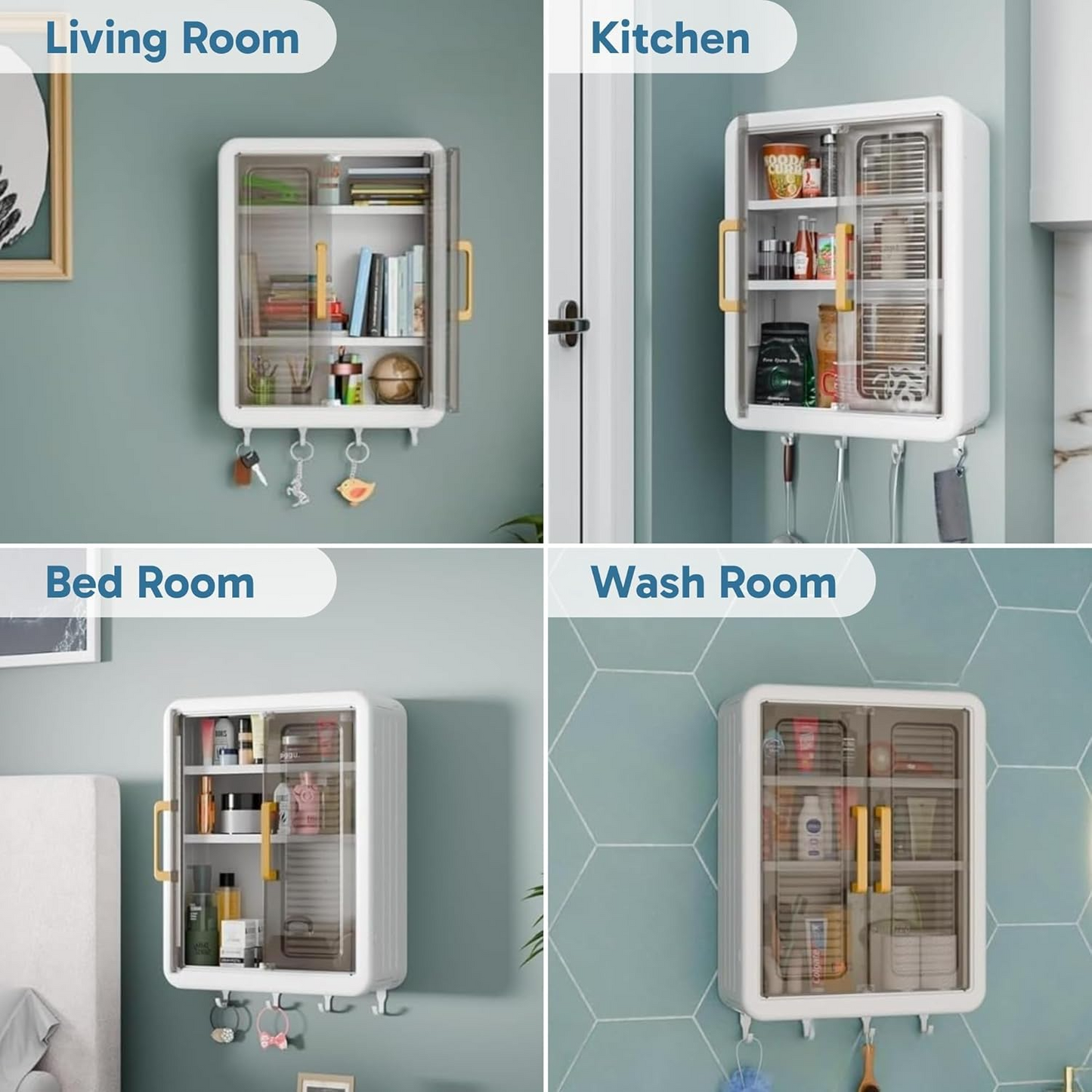 Aspiral Wall-Mounted Multi-Purpose Storage Cabinet with Transparent Doors & Hanging Hooks